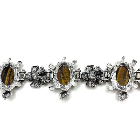 Turtle Silvertone Oval Tigers Eye Cabochon Sea Turtle Floral link Bracelet - Picture 8 of 13